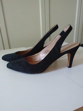 Kelly & Katie Black Vegan Suede Sling-Back Heels, 8.5